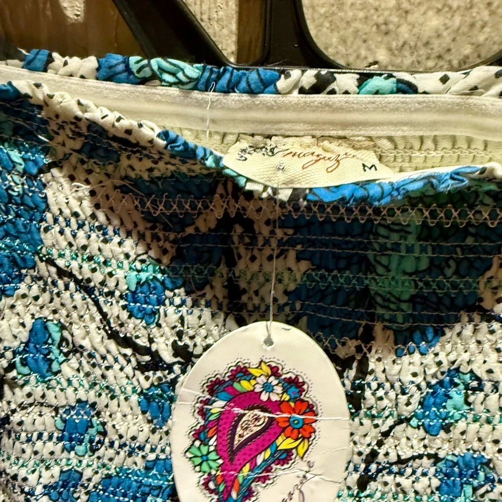 MAGAZINE Strapless Maxi Boho Dress Cotton  Stretchy Top Yellow Blue Fuchia SZ M - Picture 2 of 5